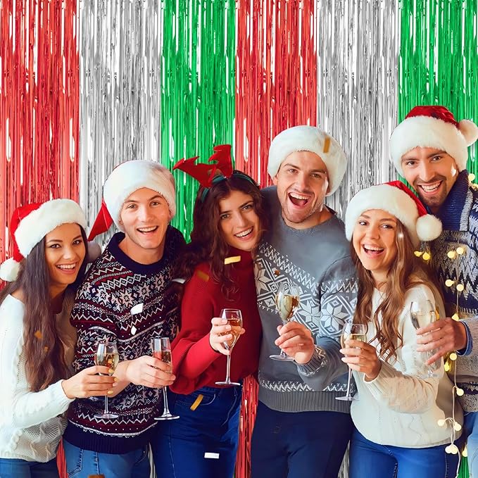 3 Pack Foil Fringe Backdrop - Shiny Tinsel Curtains for Party Decoration/Photo Booth Props - 3.3x8.2FT Metallic Foil Backdrop for Birthday, Wedding, Graduation, Christmas-Red&Silver&Green