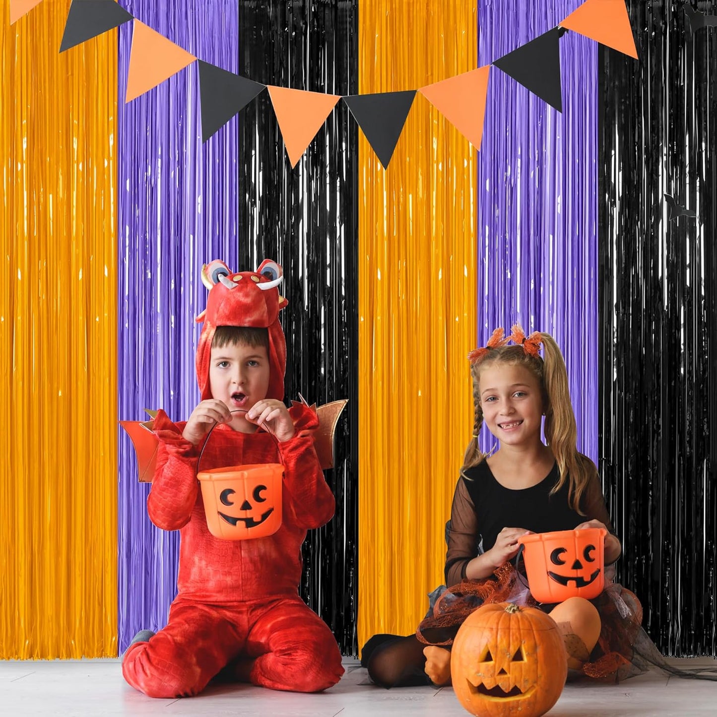 12 Pack Halloween Decor, 3.28 FT x 7.05 FT Orange Purple Black Fringe Curtains, Funny Wall Backdrop Photo Booth Backdrop Party Streamer, Halloween Foil Decorations Photo Booth Props