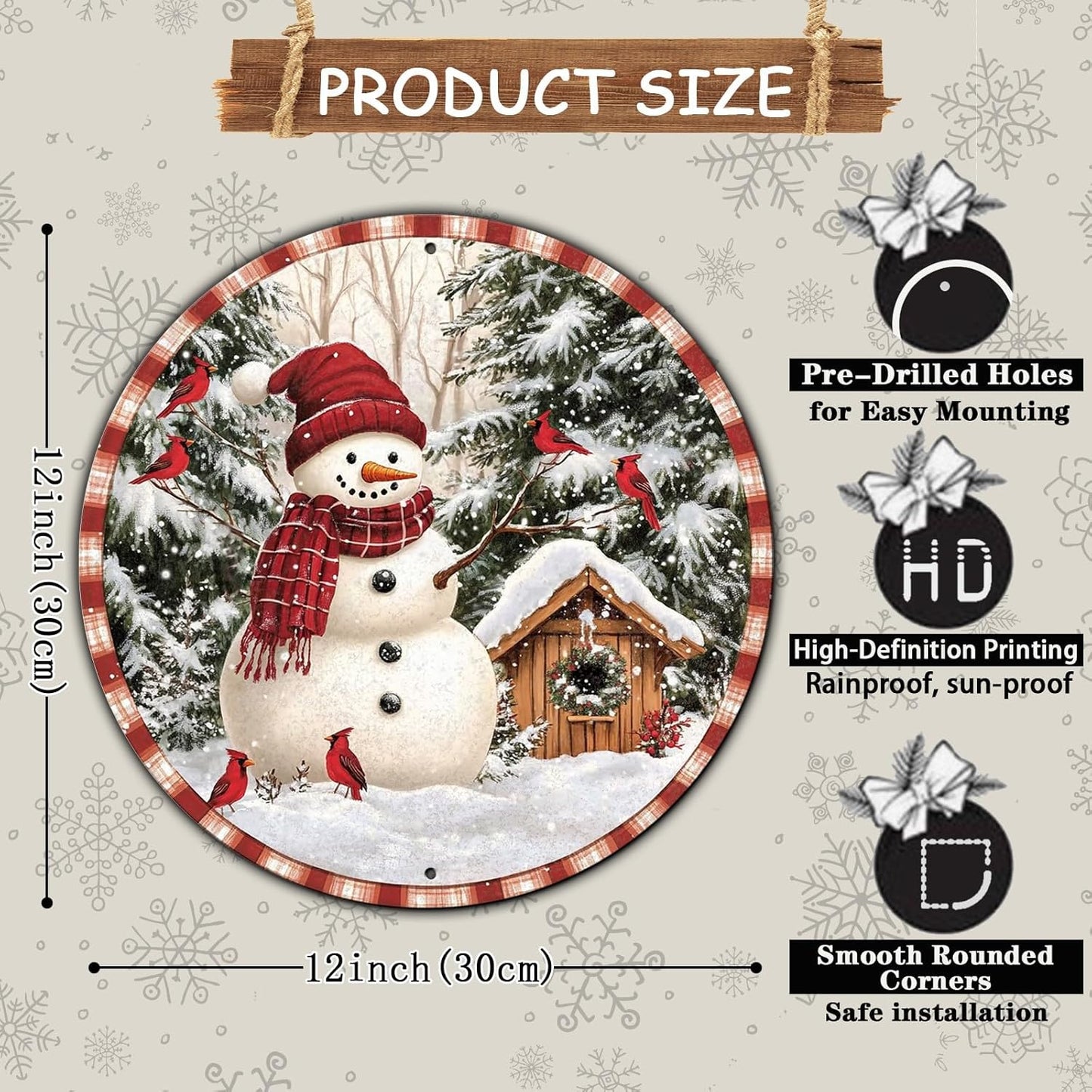 Round Christmas Metal Signs Vintage Snowman and Red Birds Tin Sign Metal Poster Christmas Snowman Sign for Bedroom Farmhouse Garage Wall Decor 12 * 12 in