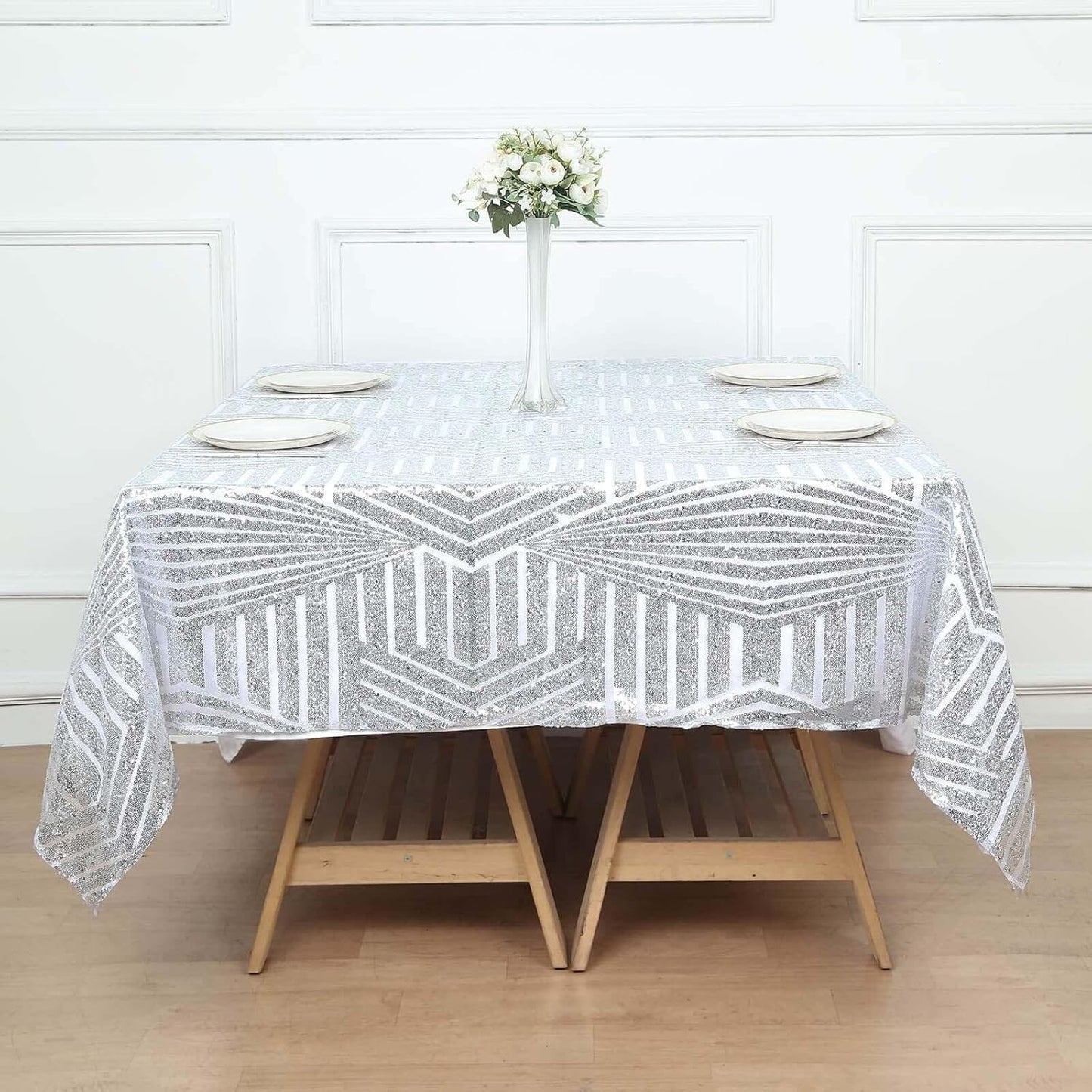 Efavormart 72" Silver Sparkly Sequin Geometric Tulle Square Table Overlay