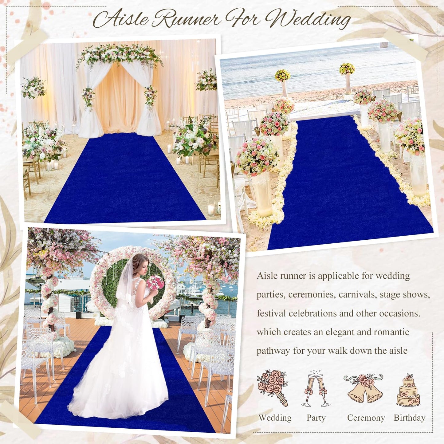 MODFUNS Royal Blue Aisle Runner Wedding Runner Aisle 4x25ft Velvet Fabric Carpet Runner for Party Aisle Rug with Carpet Tape Wedding Carpet Runway for Ceremony Banquet Celebration
