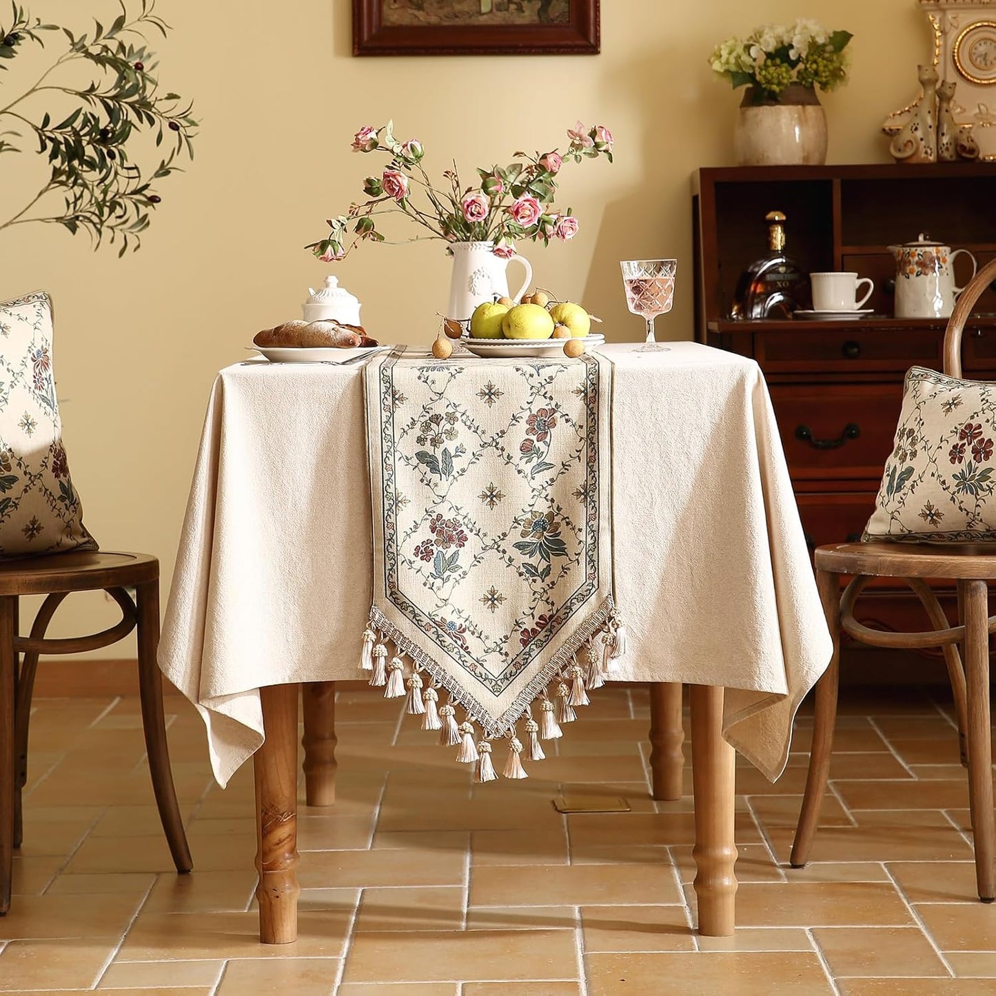 patdrea Designer Vintage Floral Linen Table Runner 87 Inch Long, Beige Cottage Rustic Bouquets Pattern Table Mat,Decor for Kitchen Dining Coffee Table Shelf Cabinet Banquet Christmas ,12"*87"