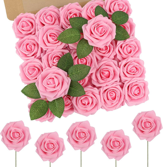 N&T NIETING Artificial Flowers Pink Roses, 50Pcs Fake Flowers Foam Roses with Stems for DIY Wedding Bridesmaid Bridal Bouquets Centerpieces Party Home Decoration Baby Shower