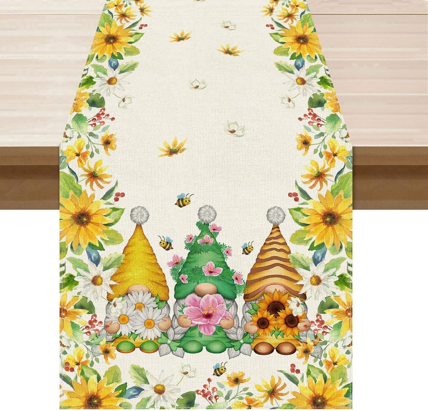 XCHI Yellow White Daisies Flowers Gnomes Spring Table Runner Burlap Table Decoration for Summer Seasonal Home Kitchen Dining Dinner Indoor Holiday Farmhouse Decor 13x120 Inch