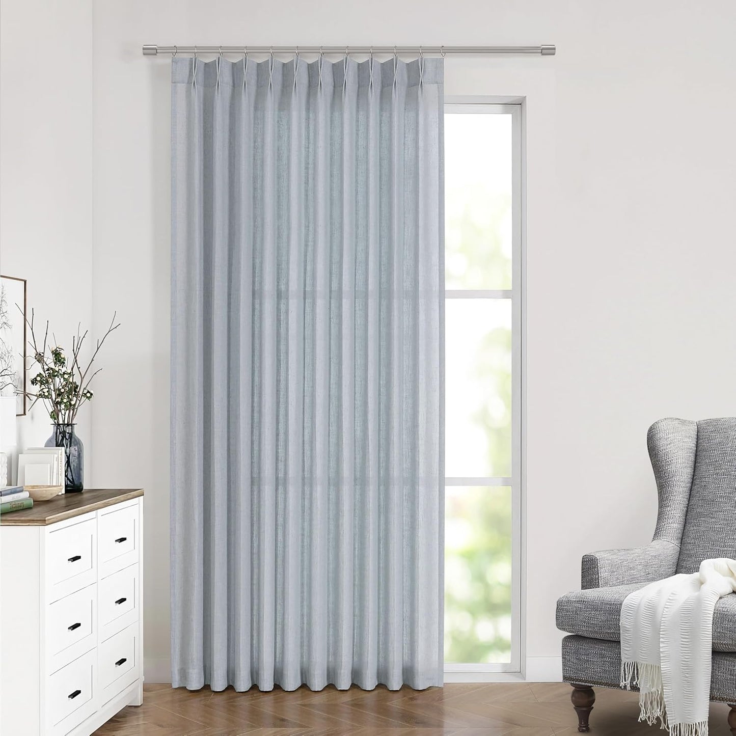 Vision Home Pinch Pleated Semi Sheer Curtains Textured Linen Blended Light Filtering Window Curtains 95 inch for Living Room Bedroom Patio Pinch Pleat Drapes with Hooks 1 Panel 60"Wx95"L,Blueish Gray