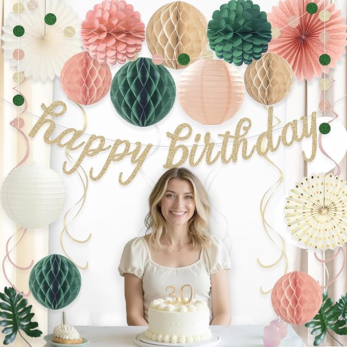 Pink Sage Green Happy Birthday Decorations, Pre-Strung Happy Birthday Banner with Honeycomb Balls, Paper Flowers, Lanterns, Hanging Swirls, Circle Dots Garland for Birthdays Party Decorations 24pcs