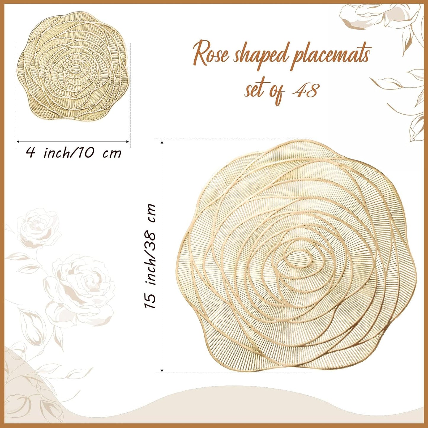Sieral 48 Set 15 Inch Round Pressed Vinyl Placemats Hollow Out Rose Placemat Set Metallic Slip Resistant Place Mat Coaster Including Place Mats and Coasters for Wedding Dining Kitchen (Gold)