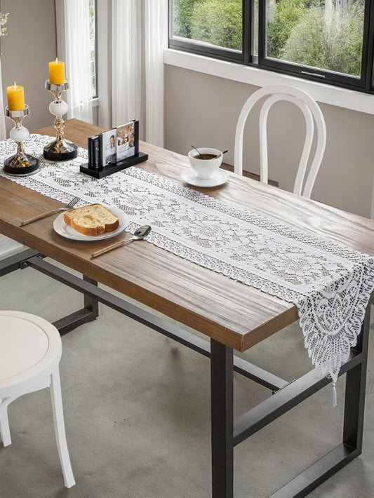Jayla White Lace Table Runners, Elegant Vintage Lace Table Runner, Wedding Lace Decor with Floral Embroidery,Tea Party Decor, 13x72 Inch