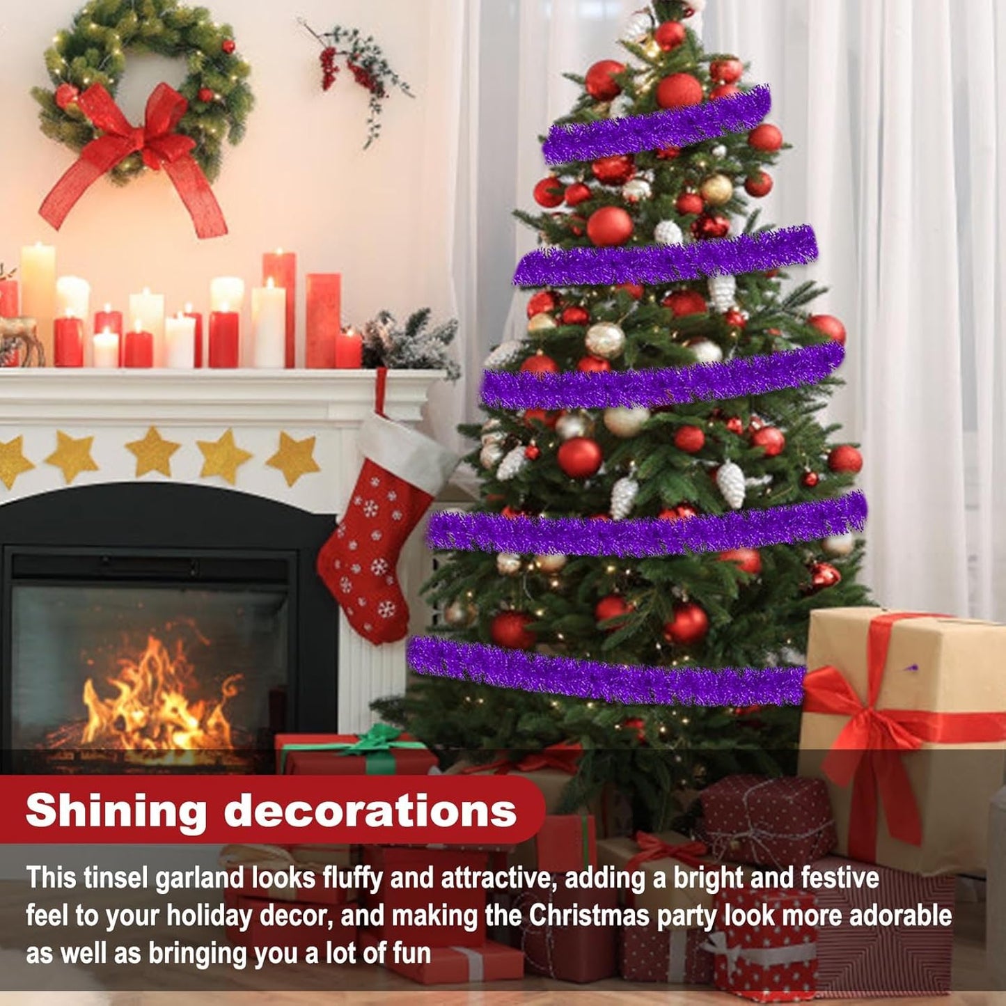 50 Feet Purple Christmas Tinsel Garland, Metallic Foil Twist Garland Wall Hanging Tinsel Banner Backdrop for Parade Floats, Easter, Mother's Day, Wedding Party Decorations (2in x 50ft)