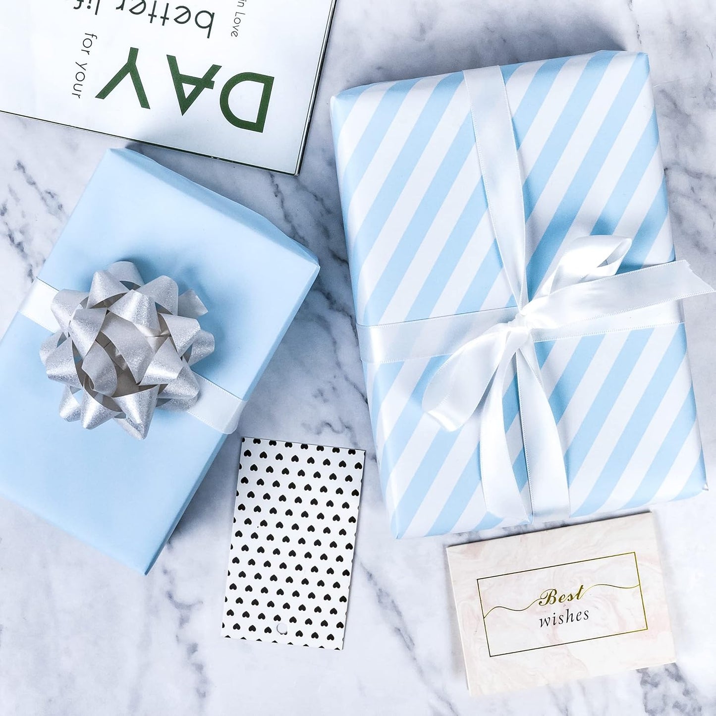 WRAPAHOLIC Reversible Wrapping Paper - Mini Roll - 17 Inch x 33 Feet - Baby Blue and Stripes Design for Birthday, Holiday, Wedding, Baby Shower