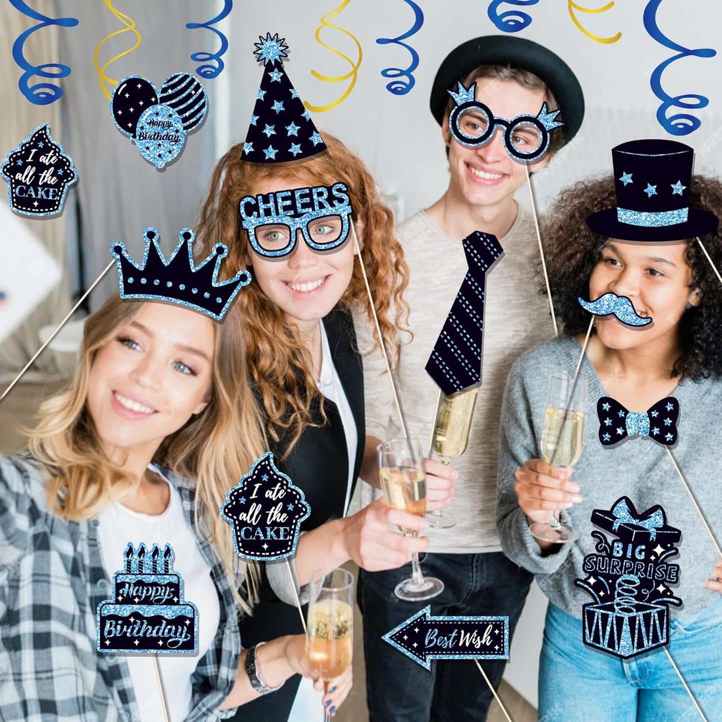 36 PCS Birthday Photo Booth Props Party Supplies Holiday Picture Decorations Photo Booth Props for Birthday Party Favors Pose Sign Kit Fun for Party (Black and Blue)