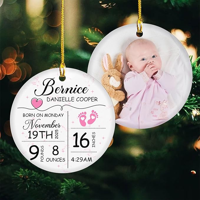 Personalized Baby's Birth Stats Ornament - Baby's First Christmas Ornaments - Custom Photo Ceramic Ornament - Baby Announcement Ceramic Hanging Decor - Xmas Home Decorations