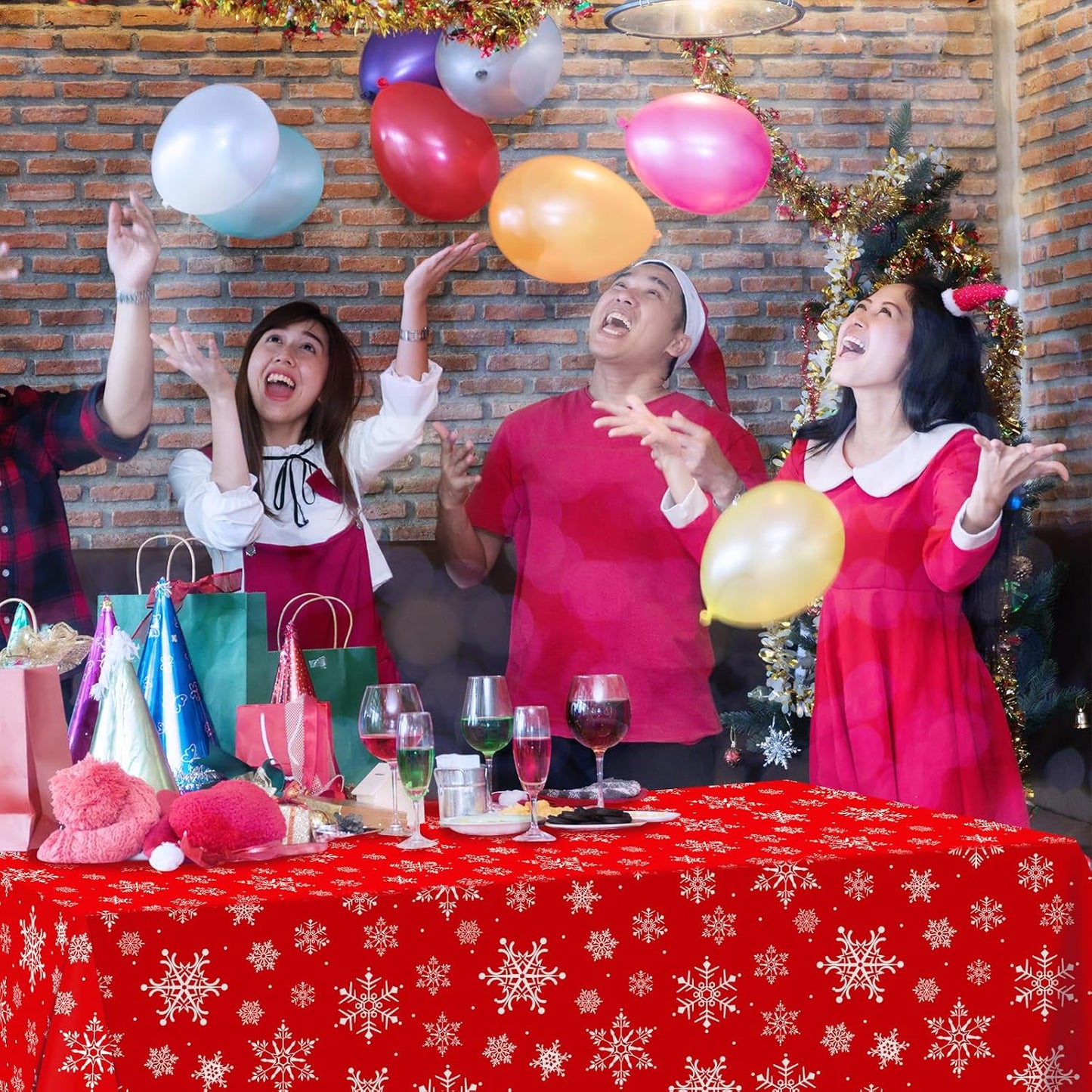 4.5x 100 Feet Roll of Christmas Plastic Tablecloth Decorations,Disposable White Snowflake Red Xmas Table Cover Photography Backdrop with Cutter Box for Winter Christmas Holiday New Year Party Supplies