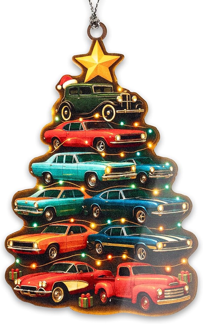 Car Ornament – Classic Cars Christmas Decor – Vintage Auto Gift – Retro Muscle Cars Ornament – Holiday Card – Christmas Tree Decoration – Suncatcher Effect Stained Glass Window Hanging – Car Hanging
