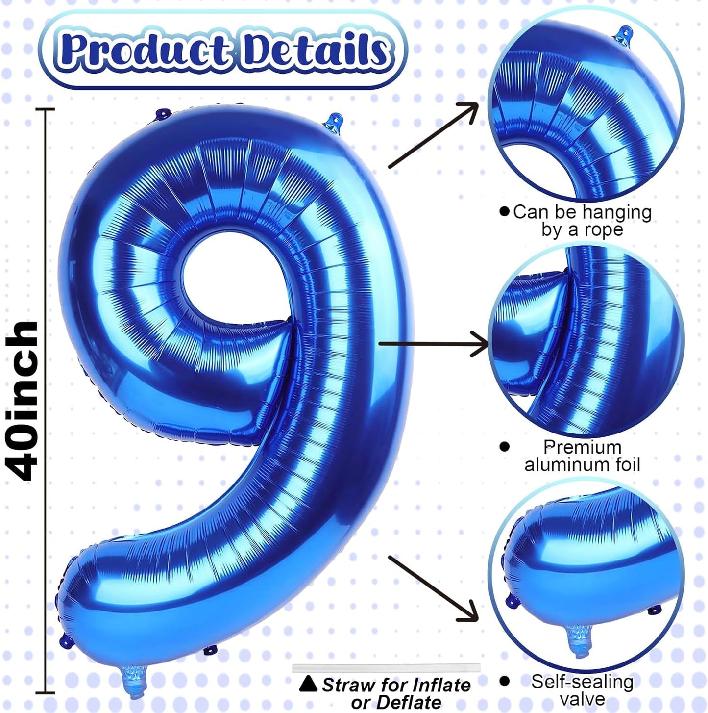 40 Inch Navy Blue Numbers 9 Balloons, Large Self Inflating Dark Blue Digital 9 Helium Balloon, Giant Foil Mylar Number 9 Balloons for Women Men Girls Boys 9th Birthday Party Anniversary Decorations