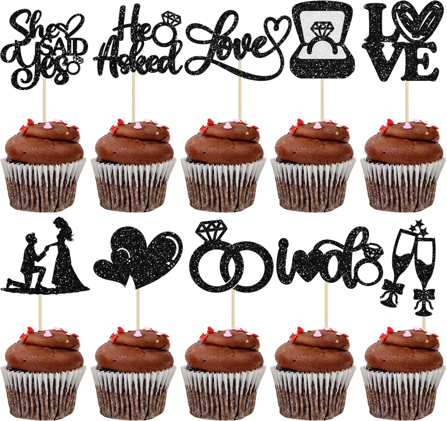 Ephlyn 30Pcs He Asked She Said Yes Cupcake Toppers Glitter Engagement Cupcake Toppers Diamond Ring Heart Love I Do Cupcake Picks for Engagement Wedding Party Cake Decorations Black