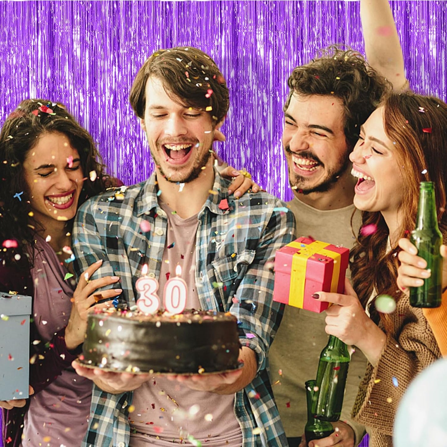 2 Pack Foil Curtain Backdrop Purple Metallic Tinsel Foil Fringe Curtains Photo Booth Props for Birthday Wedding Engagement Baby Shower Bachelorette Christmas Holiday Celebration Party Decorations