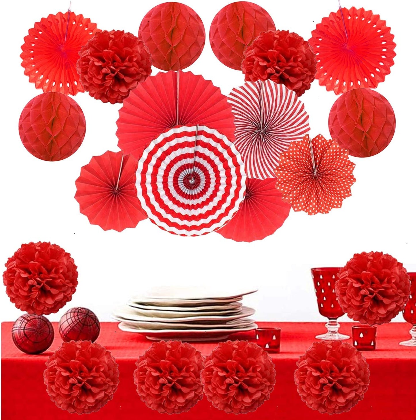 Hanging Paper Fan Set, Tissue Paper Pom Poms Flower Fan and Honeycomb Balls for Birthday Baby Shower Wedding Festival Decorations - Red