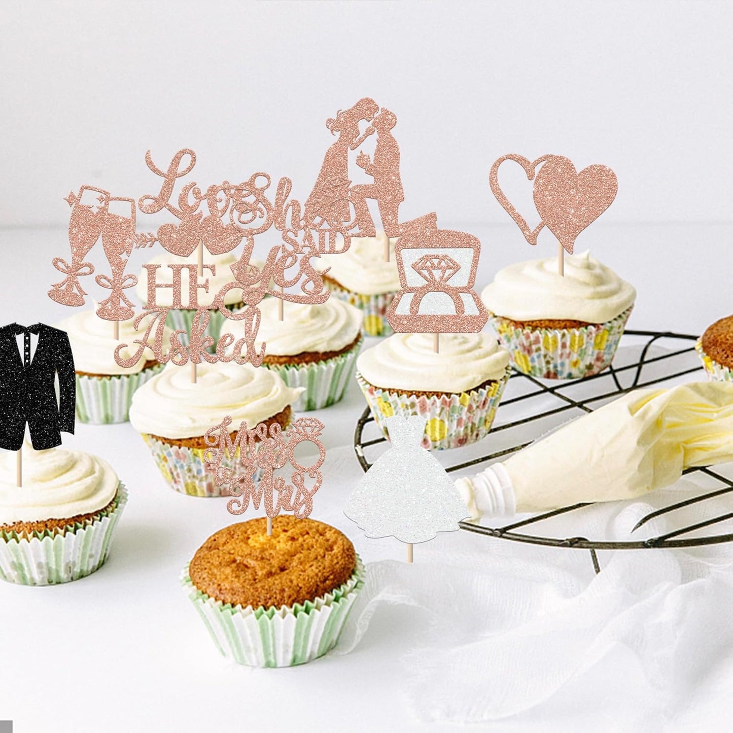 30 Pack Bride to be Cupcake Toppers Glitter Diamond Ring I Do Love Cupcake Picks Miss to Mrs He Asked She Said Yes Bridal Shower Wedding Engagement Bachelorette Cake Decoration Rose Gold