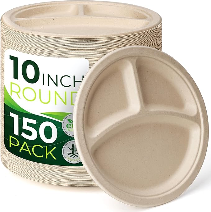 150PCS 100% Compostable 10in Brown Paper Plate, 3-Compartment Heavy Duty Disposable Plates, Eco-Friendly Sectional Plates, Biodegradable Divided Plates Made of Sugarcane Fiber