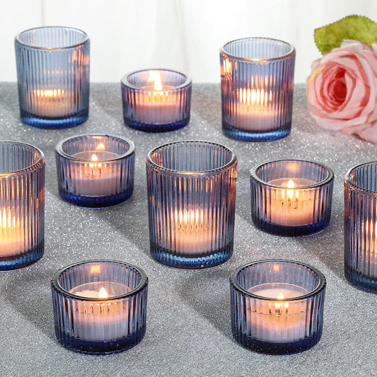 24 Pcs Ribbed Votive Candle Holders, Dark Blue Glass Holders Bulk for Table Centerpiece, Tealight Holders Glass for Wedding Shower, Party and Home Decor