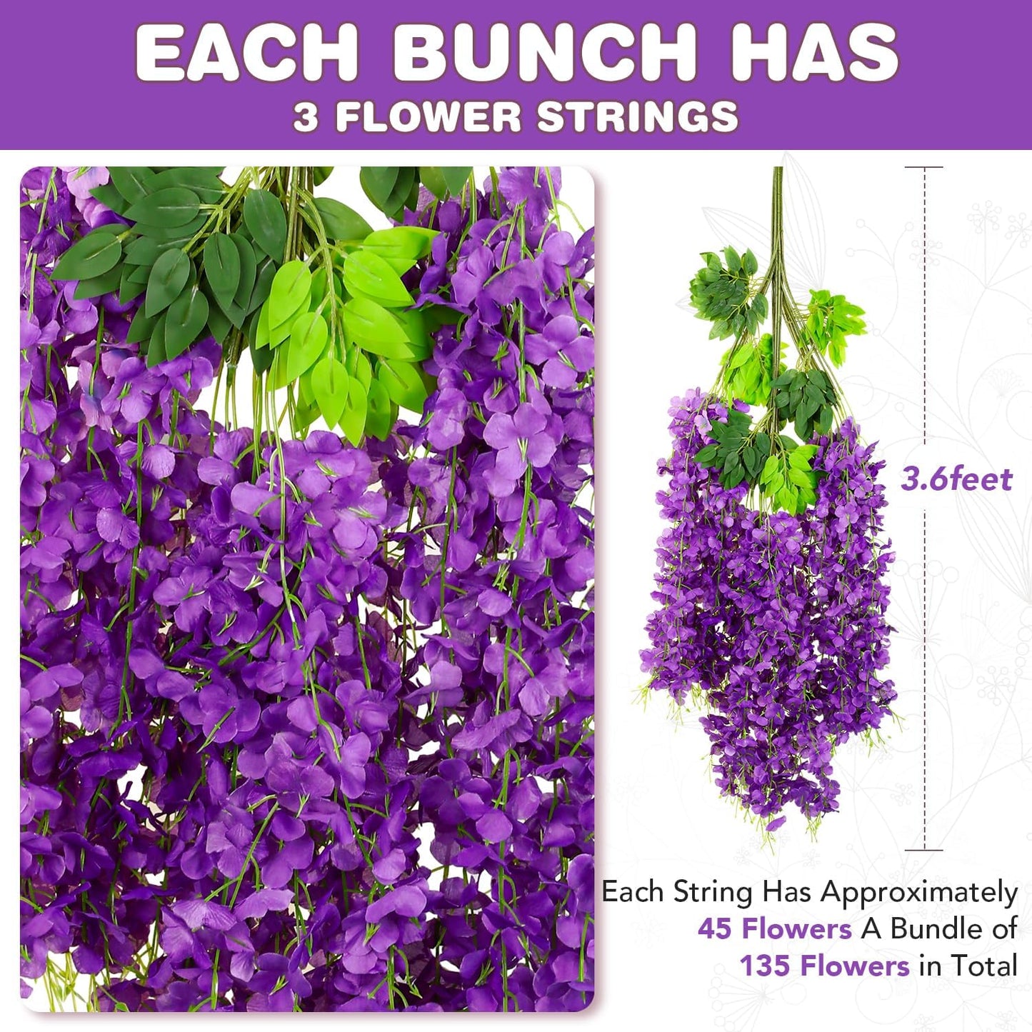 Wisteria Hanging Flowers,Fake Hanging Flowers,Wisteria artificiales Garland for Home Wedding Arch Floral Party Garden Ceremony Outdoor Decor,3.6 feet Long(36,Purple)