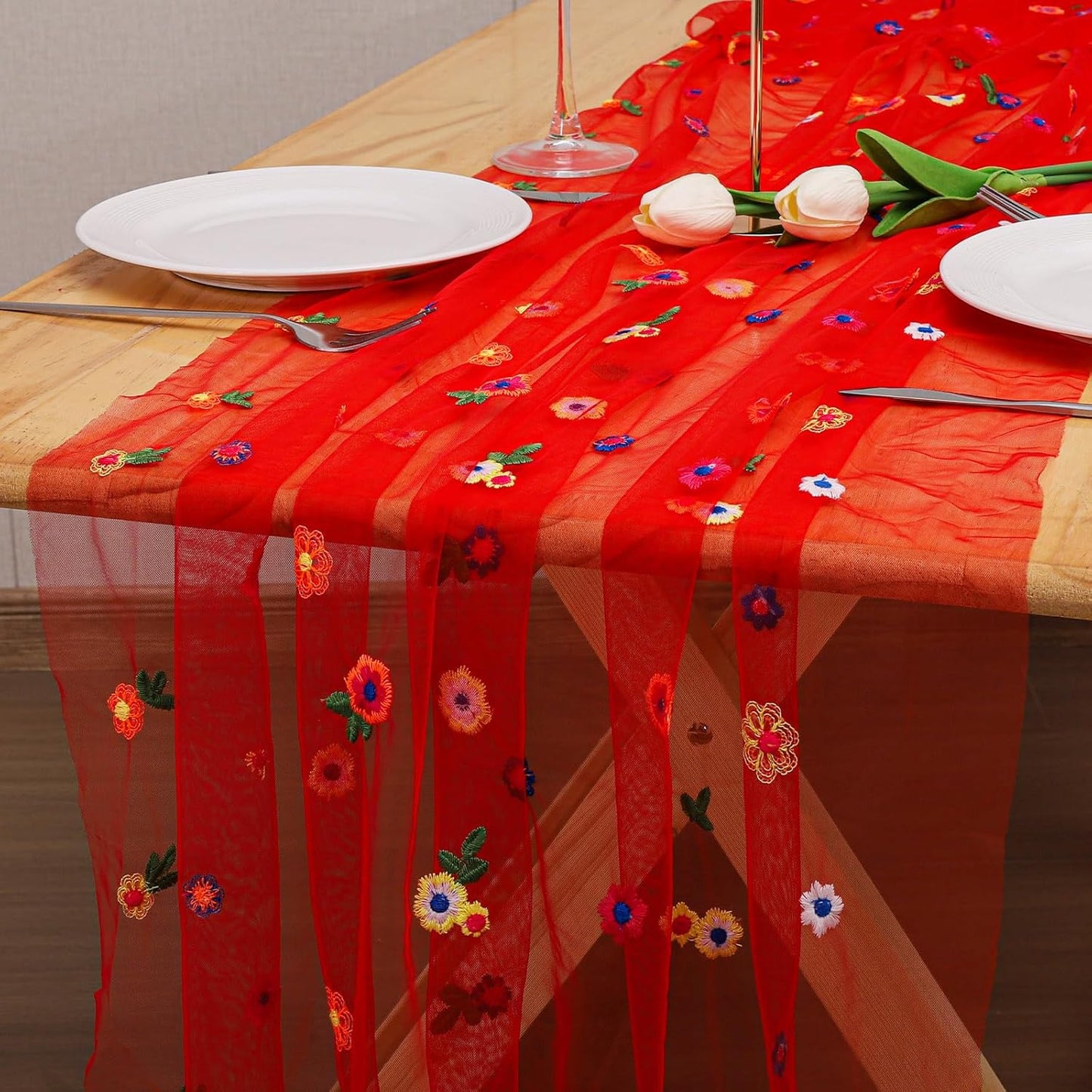 BINBE 6pcs Daisy Fall Table Runner Embroidery Gauze 10FT Florals Seasonal Tulle Holiday Birthday Kitchen Dining Table Decor for Home Party Red