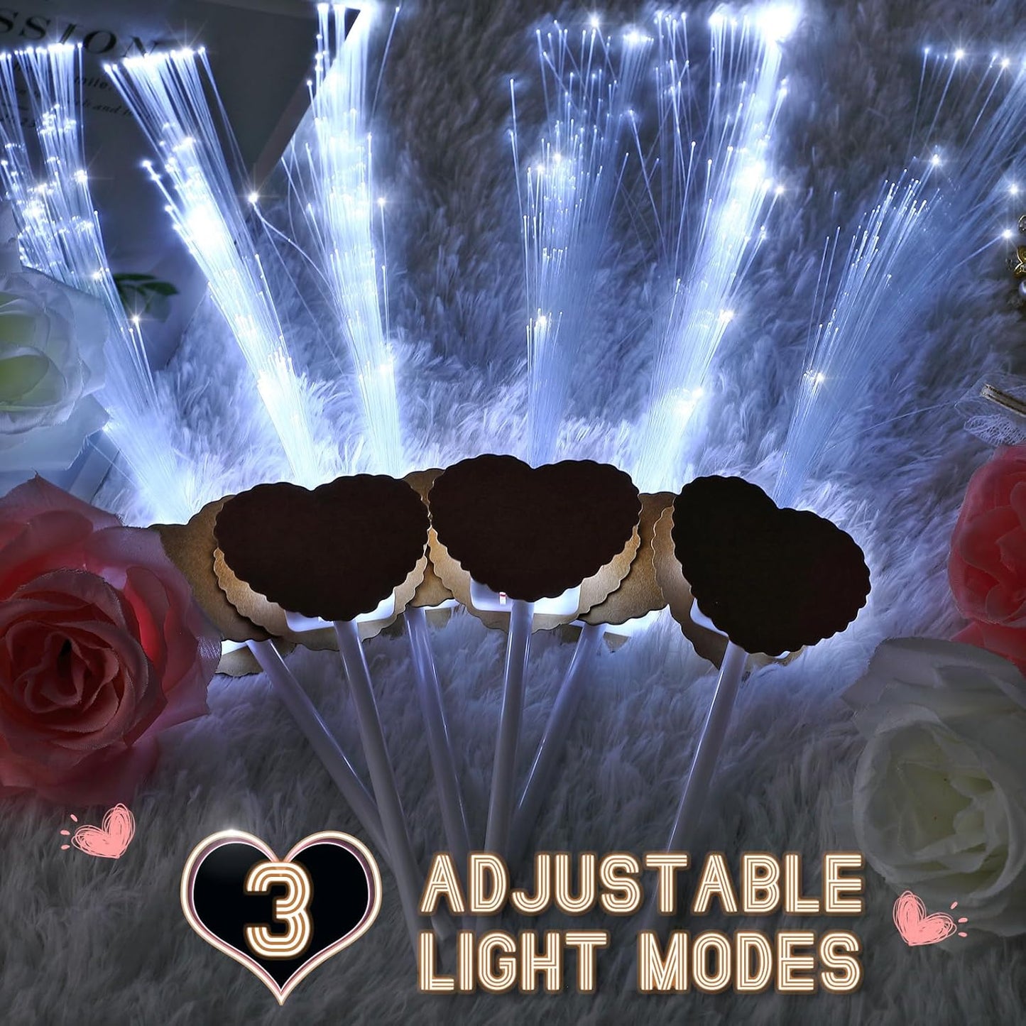 50 Pcs Wedding Sparklers Heart Shaped LED Glow Sticks Fiber Optic Wands Light up Wand with 3 Light Mode for Wedding Bridal Shower Birthday Glow in the Dark Party Supplies (Brown)