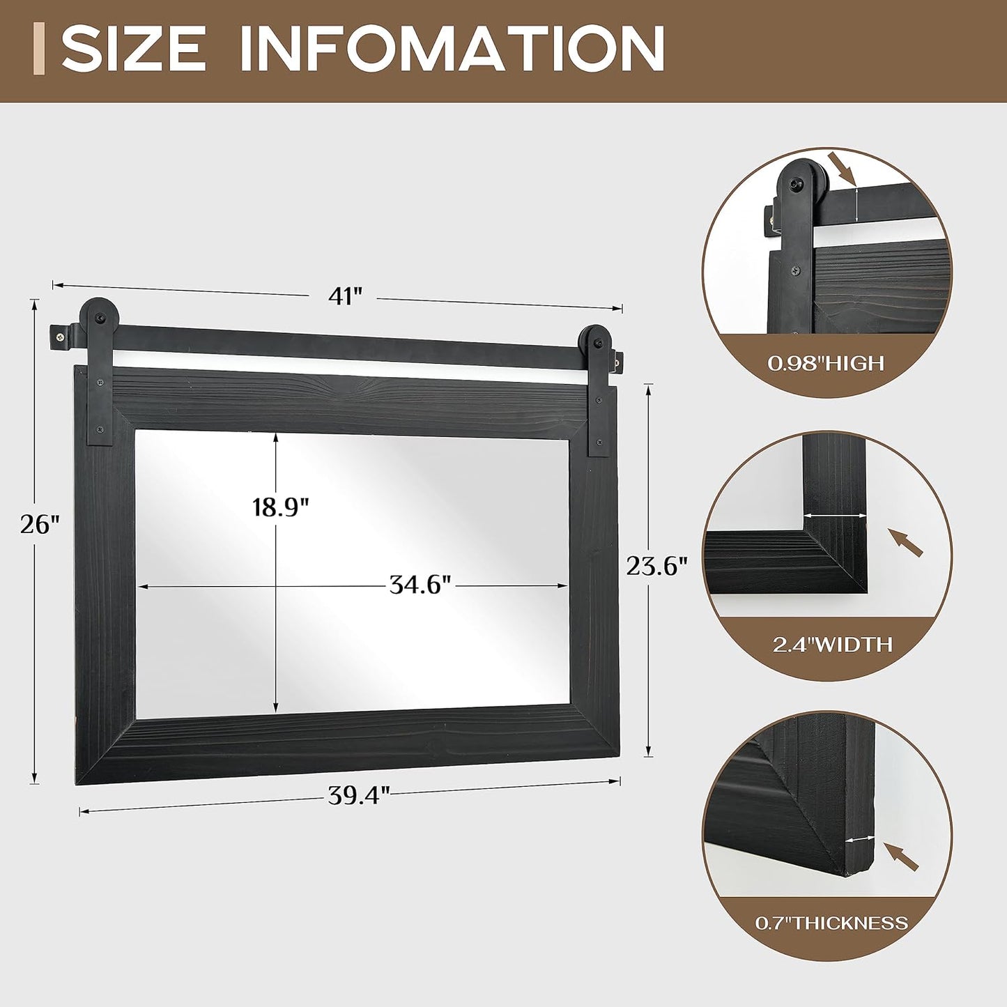 COGOOD Farmhouse Barn Door Mirror - 41" x 26" Rustic Wood Framed Wall Mirror for Bathroom, Living Room, Entryway Wall Decor (Black)