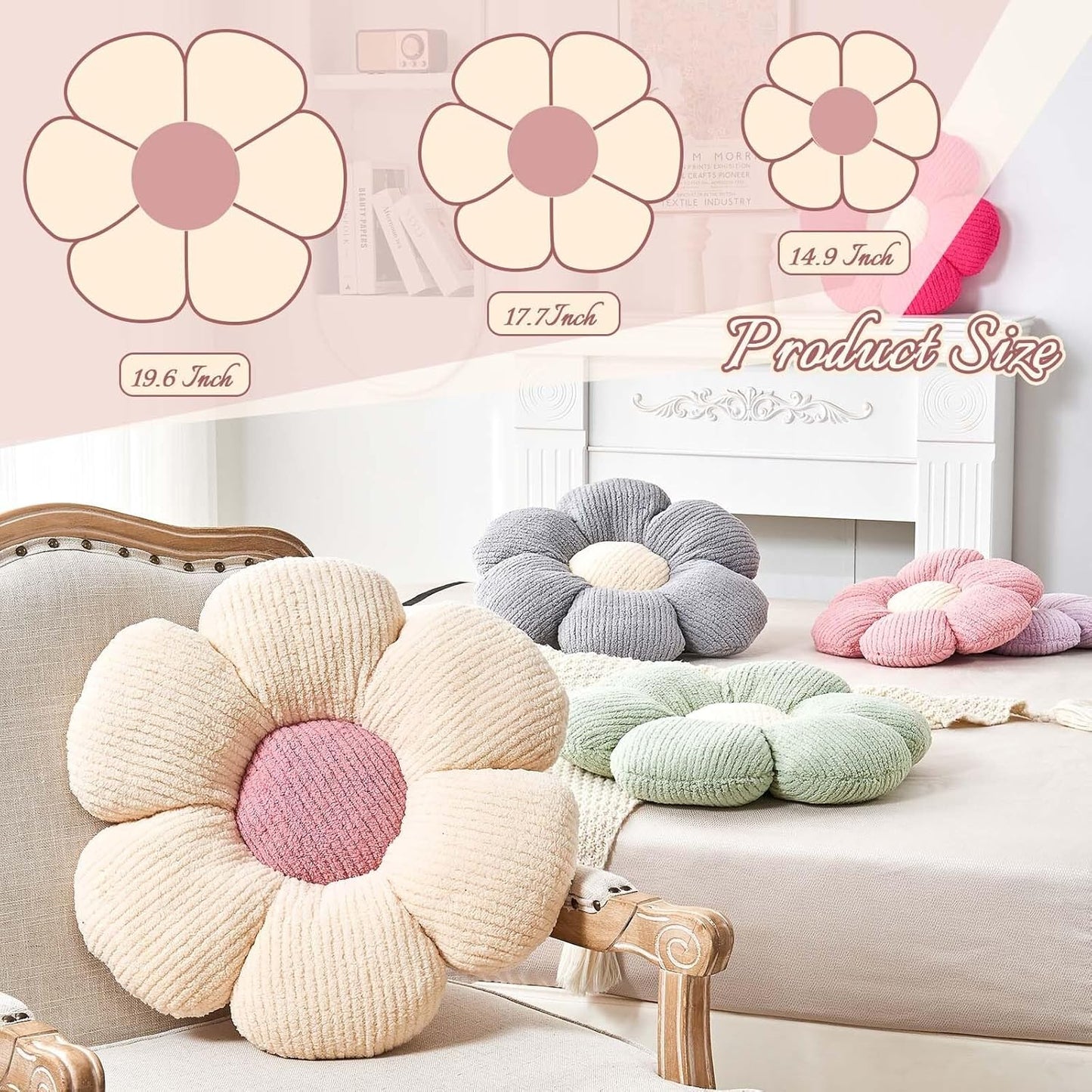Flower Throw Pillow, Soft Peach Pink 17.7" Shaped Floor Pillow for Home Decor, Cute Aesthetic Plush Decorative Pillows for Bed, Sofa, Couch