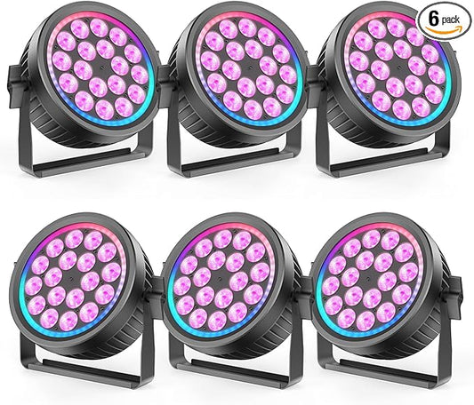 200W Aluminum Cast Fanless & Silent Stage Lights, 4 in 1 RGBW LED Par Lights with Dynamic Aperture, DMX512/Auto/Sound Activated Par Can Uplights for Events Wedding Bar Party Stage - 6Packs