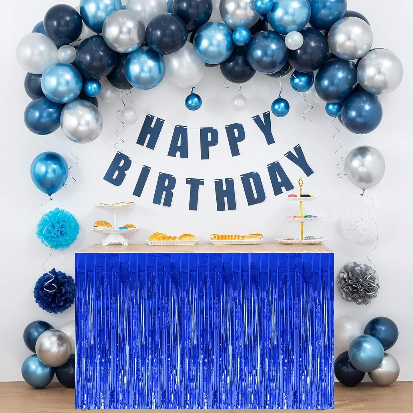 BEISHIDA 2 Pack Dark Blue Table Skirts with Metallic Tinsel Foil Fringe for Rectangle and Round Tables - Birthday & Holiday Party Decorations