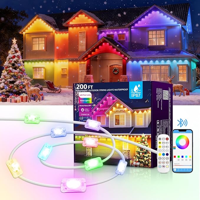200FT Christmas Permanent Outdoor Lights,RGB+IC Eaves Lights with App & Remote Control,DIY Multi-Color Scene Modes,IP67 Waterproof,Outdoor Strings for House,Holiday Decorations for Christmas