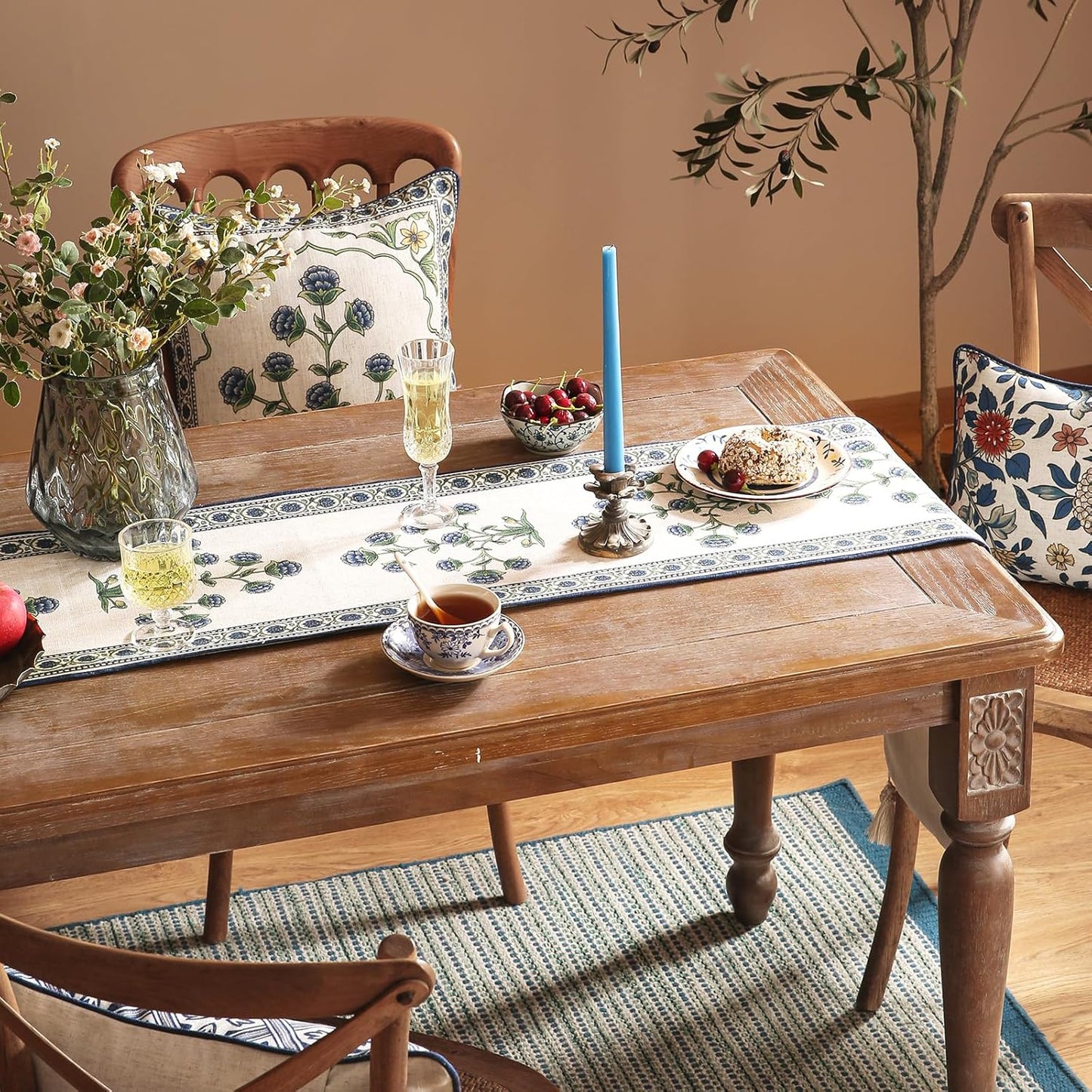 patdrea Designer Blue Rustic Elegant Floral Patterned Linen Table Runner 102 Inch Long,Wrinkle Resistant Table Mat,Decoration for Kitchen Dining and Coffee Tables Banquet Christmas ,12"x102"