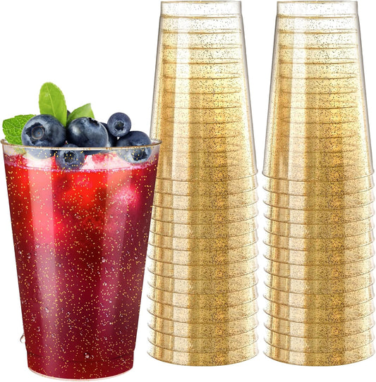 [100 Pack] 12oz Plastic Cups with Gold Glitter Sturdy & Food Safe Plastic Wine Glasses Disposable Cups Wedding Cups Party Cups Drinking Tumblers for Wine, Cocktails and Cold Beverages