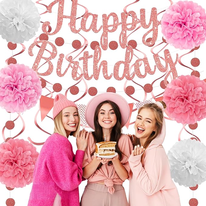 Pink Birthday Decorations, Happy Birthday Banner and Paper Pompoms, Hanging Swirls, Circle Dots Garland, Pennant Banner for Girls Women Party Decorations