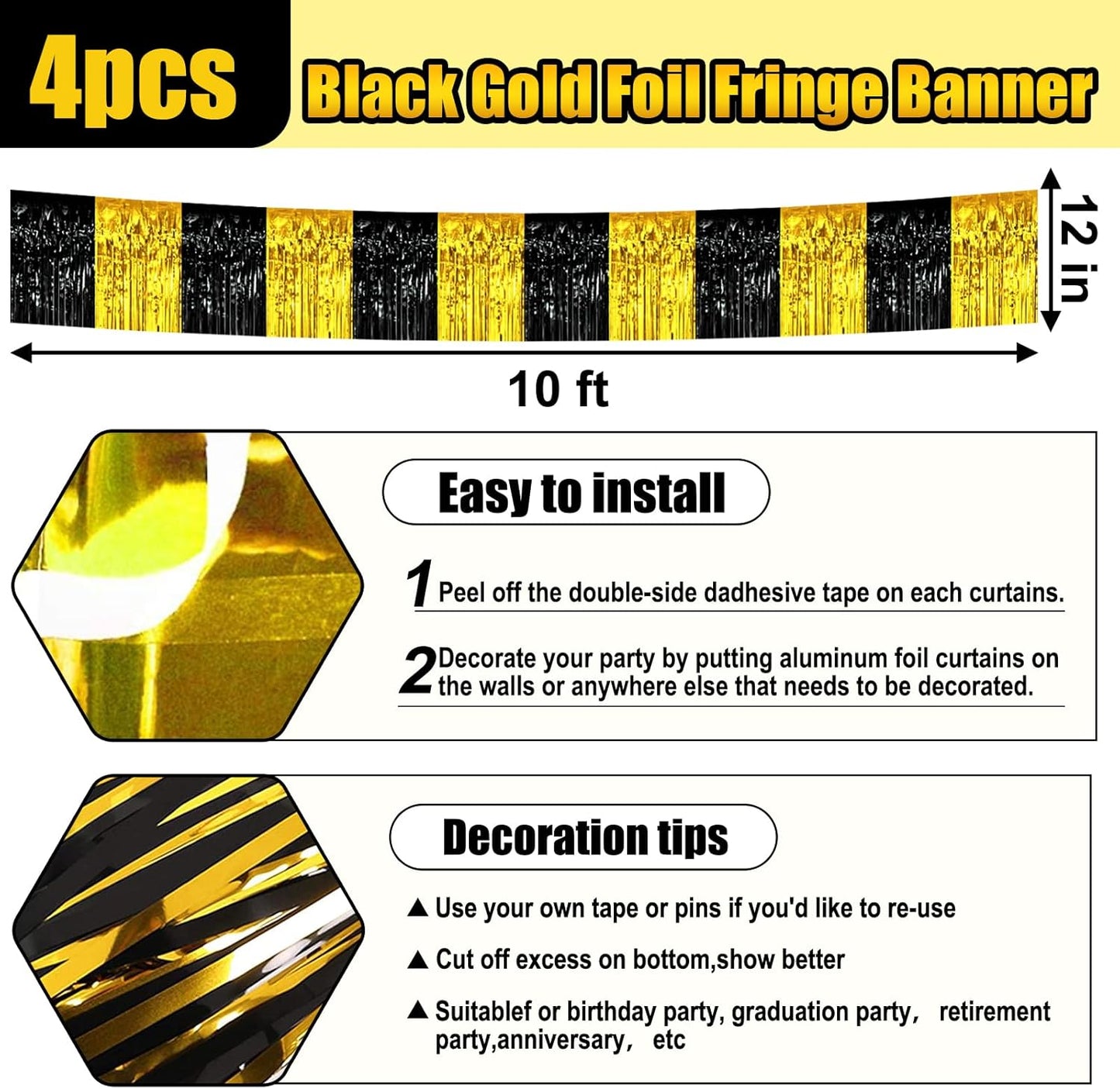 4 Pack 10 Feet Black Gold Foil Fringe Garland Metallic Tinsel Streamers Banner Wall Hanging Curtain Backdrop for Parade Floats, Wedding, Graduate, Mother's Day, Birthday Party Decoration