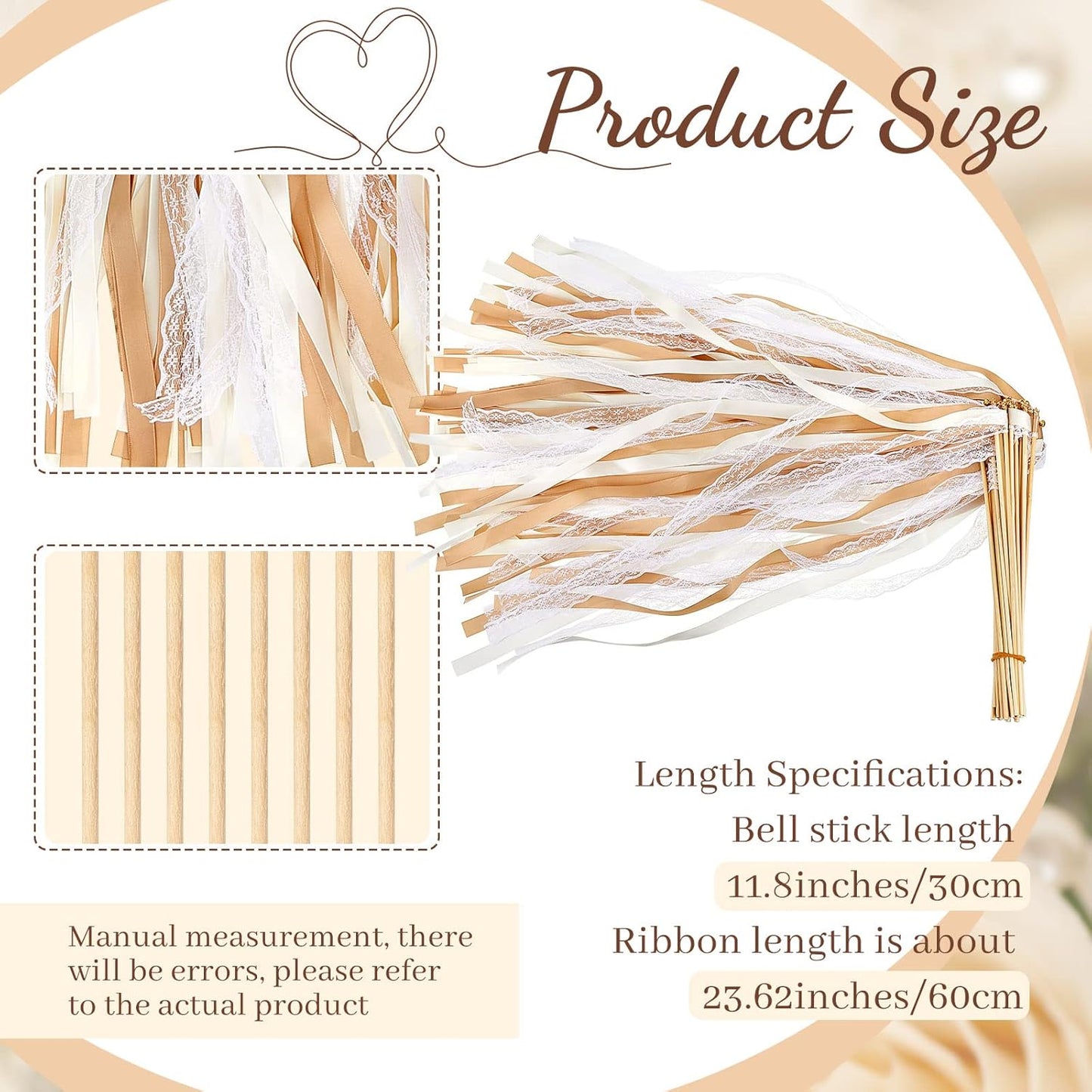 Taiyin 150 Pcs Lace Ribbon Stick Wands Wedding Wand Streamers with Bell Silk Ribbon Fairy Wand Wedding Send Off Streamer for Baby Shower Holiday Party Favors(Champagne, Beige)
