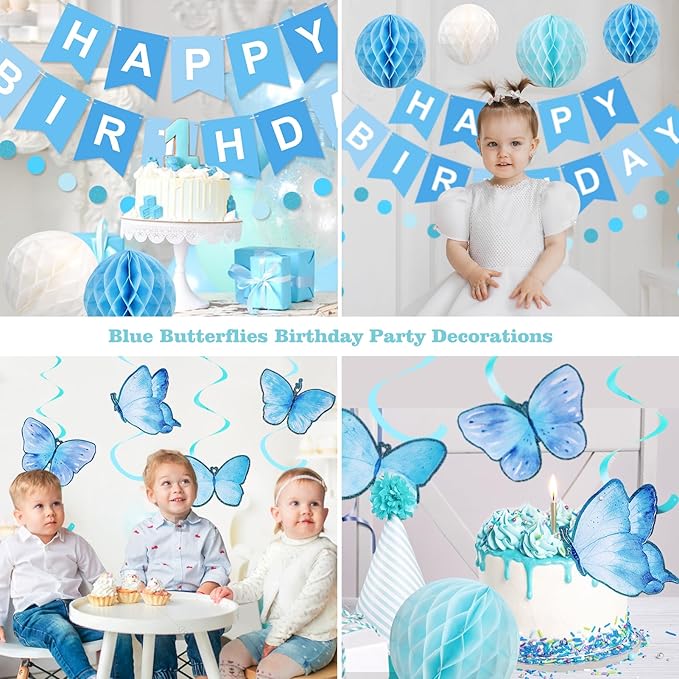 meowtastic Birthday Decorations, Happy Birthday Banner with Honeycomb Balls, Butterfly Hanging Swirl Streamers, Circle Dots Garland, Happy Birthday Party Decorations for Women Men Boys Girls (Blue)