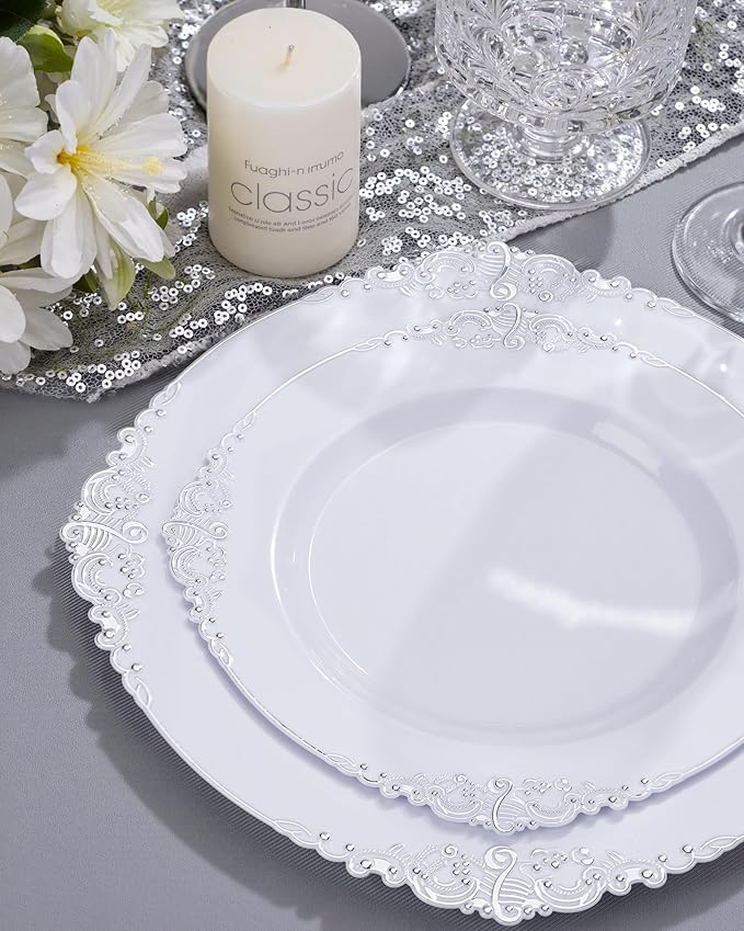 Nervure 700PCS Silver Plastic Plates - Silver Plastic Dinnerware Sets for 100 Guests - 200 Disposable Plates, 300 Silverware, 100 Cups, 100 Napkins for Wedding & Party