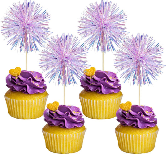 Gyufise 30Pcs Foil Firework Cupcake Toppers Sparkle Tinsel Cake Toppers Tinsel Drink Cake Decoration Cocktail Picks for Birthday Wedding Graduation Party Supplies Laser Purple