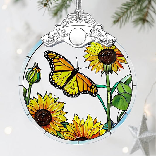 Butterfly & Sunflower Stained Glass Ornament, Christmas Ornaments, Christmas Tree Decorations, Holiday Decor, Holiday Present, Butterfly Themed Gifts, Gift Ideas & Xmas Gifts
