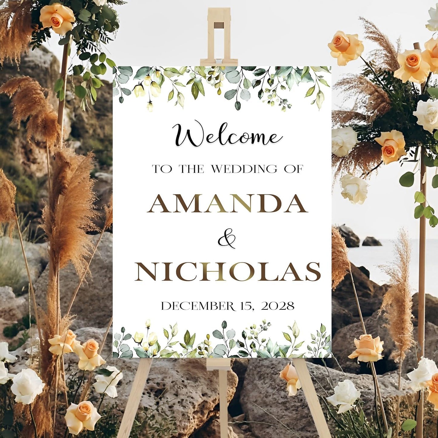 Welcome To Our Wedding Sign With Stand, Welcome Sign For Wedding Entrance, Greenery Floral Theme Wedding Sign Decoration, Reserved Signs For Wedding, Personalized Wedding Sign
