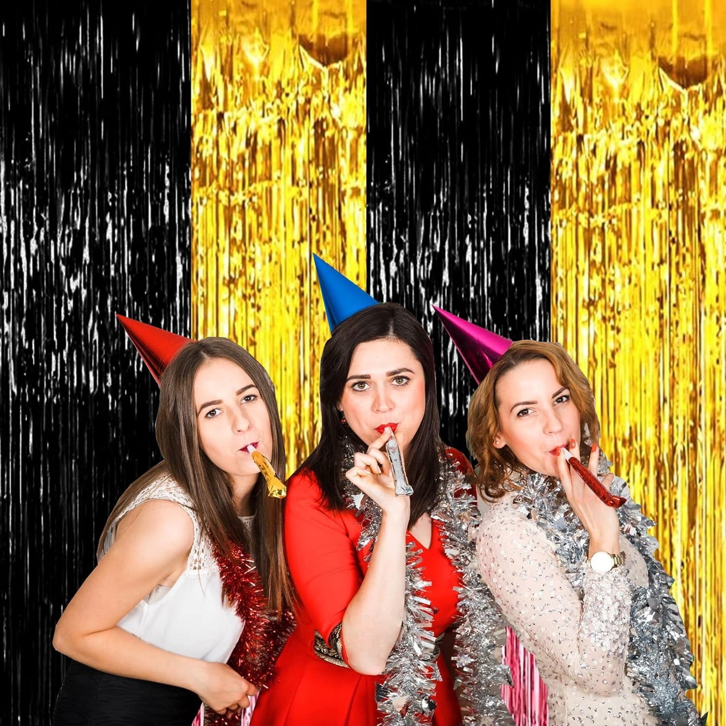 4P Metallic Foil Fringe Tinsel Table Skirts for Rectangle Tables Backdrop Banner Streamer Garland Curtains for Parade Floats Wedding Graduation Anniversary Birthday Parties Decoration (Black Gold)