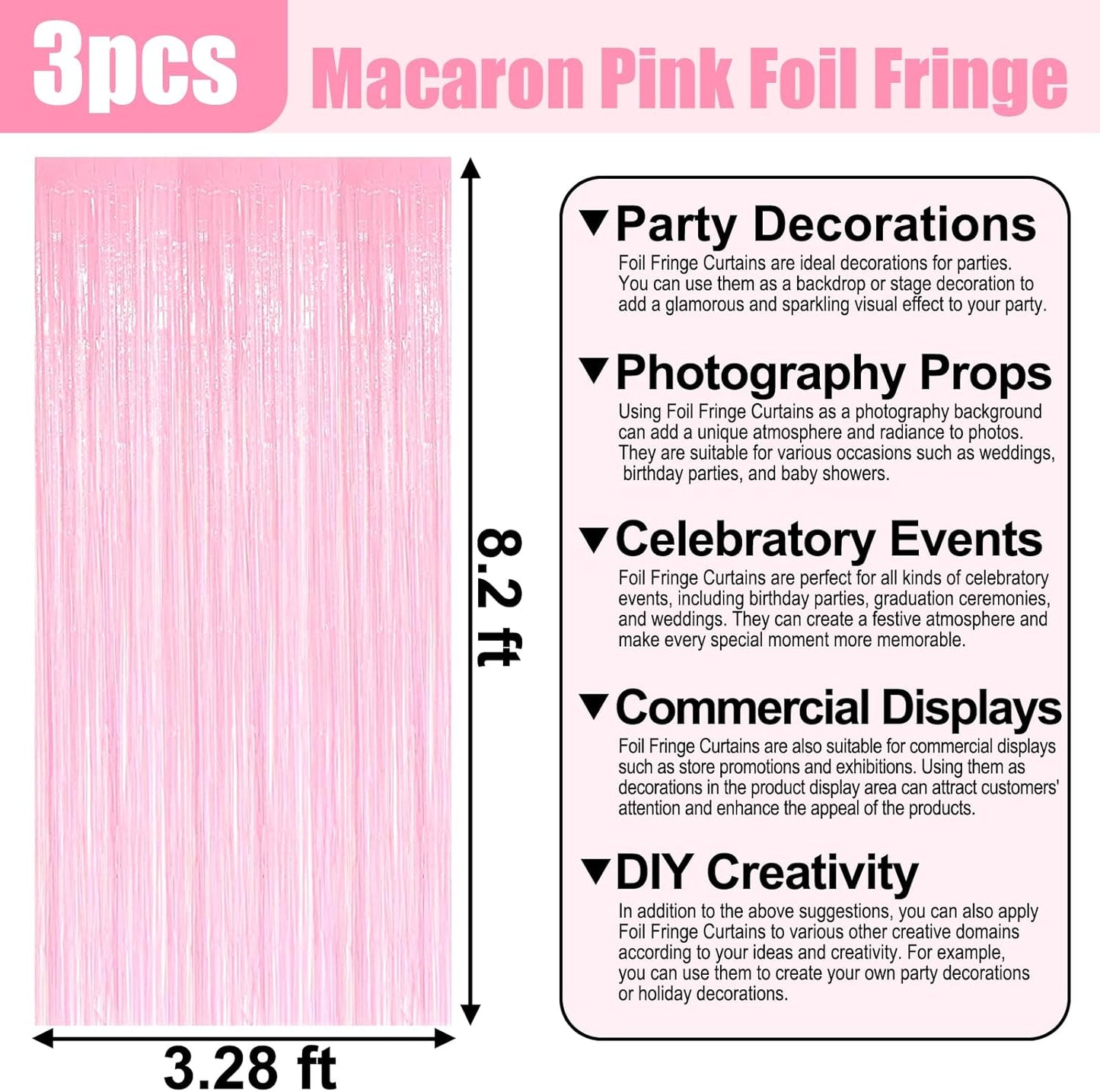 3 Pack Macaron Pink Foil Fringe Curtain Backdrop, 3.28Ft x 8.2Ft Metallic Tinsel Foil Fringe Streamer Curtains for Photo Booth, Christmas Day, Thanksgiving, Wedding, New Year Party Decorations