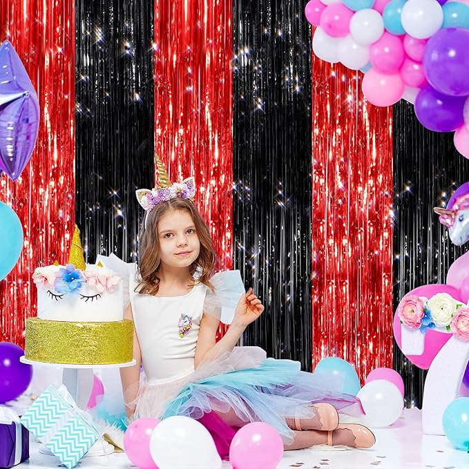 2 Pack Black Red Metallic Tinsel Foil Fringe Curtains, Door Streamers Photo Booth Backdrop for Birthday Party, Tinsel Curtain Backdrop for Baby Shower Bachelorette Christmas Party Decorations