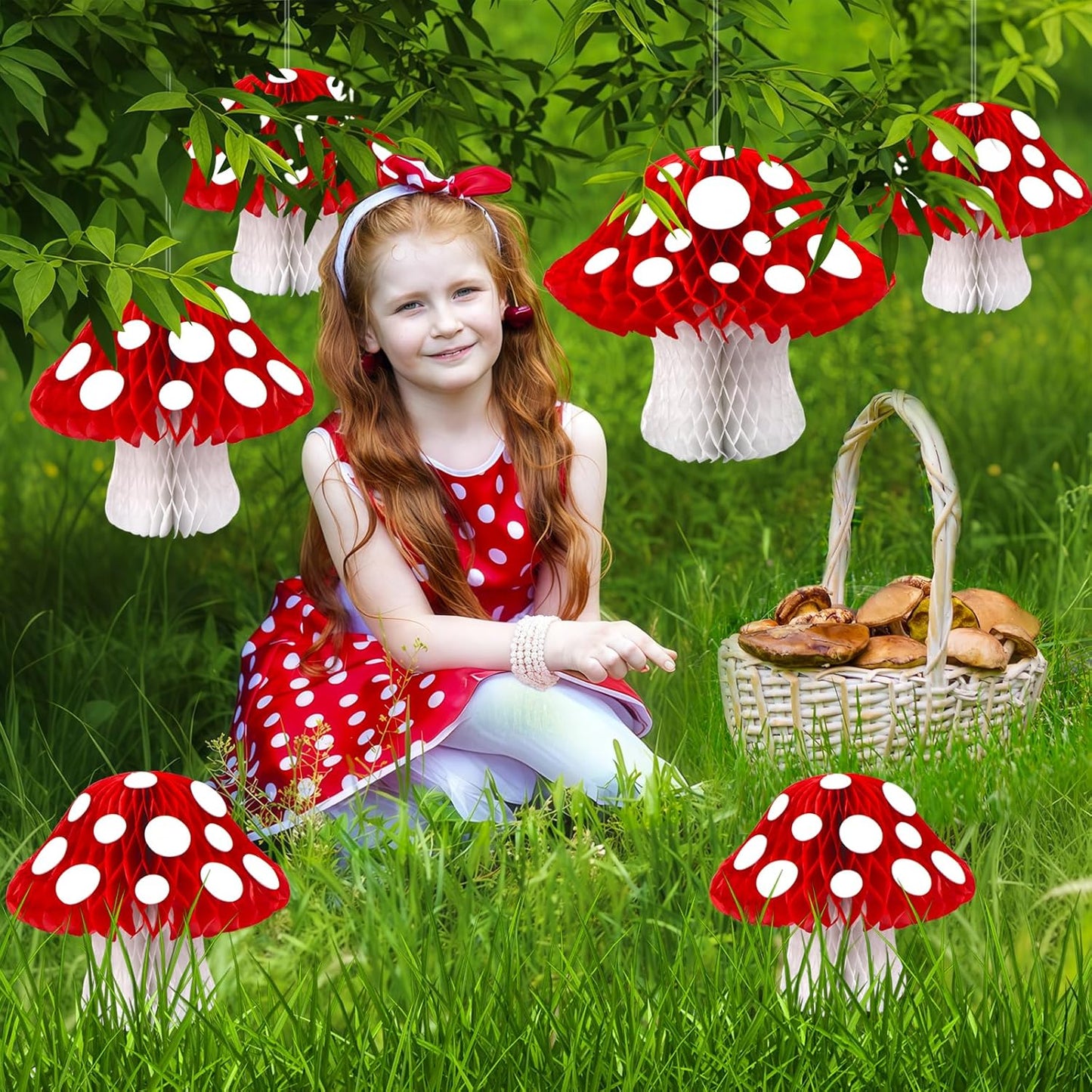 8PCS Mushroom Honeycomb Decor Mushroom Shaped Tissue Paper Pom Decorations for Jungle Wonderland Themed Birthday Party 3D Mushroom Honeycomb Centerpiece for Fairy Baby Shower Garden Decoration