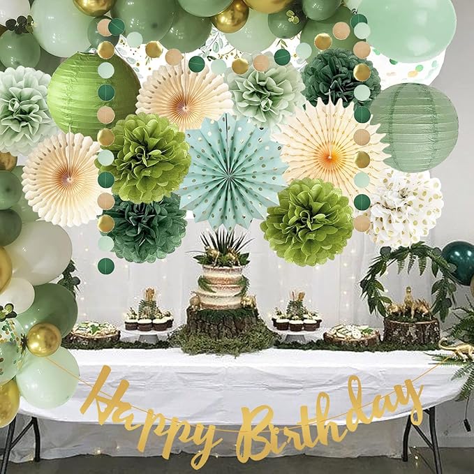 Olive Sage Green Birthday Party Decorations Sage Birthday Party Décor Tissue Paper Pom Poms Flowers Paper Fans Circle Dot Garlands Olive Green Party Neutral Birth day Decorations for Women Girls Boys