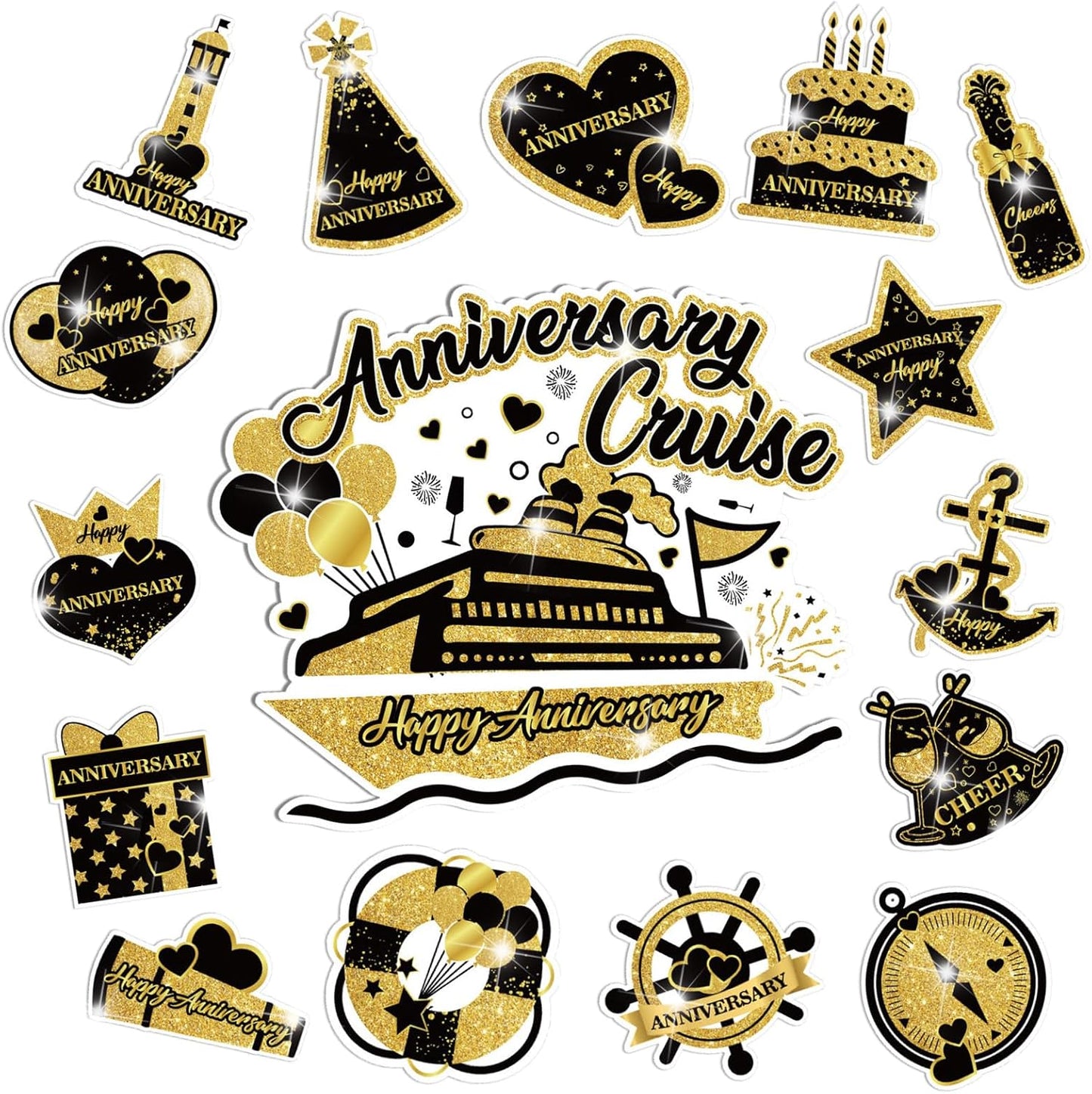 Happy Anniversary Cruise Door Magnets Decorations, Black Gold Happy Anniversary Cruise Ship Door Decor Magnetic for Married Men Women Wedding Party Fridge Refrigerator Car Kitchen Garage Personalized