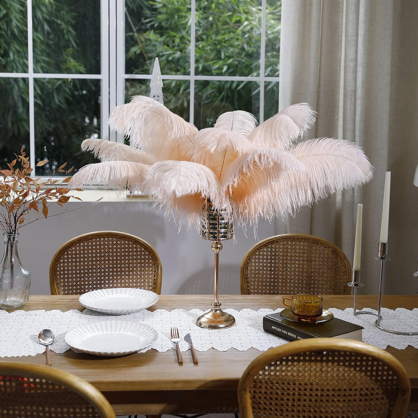 Larryhot 16-18inch Ostrich Feathers Plumas - 10pcs Boho Feathers for Vase Decoration,Wedding Party Centerpieces and Home Decorations (Champagne)